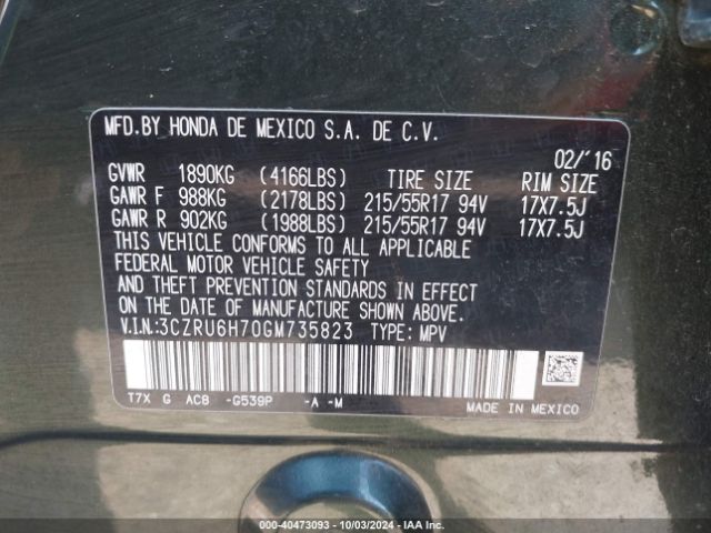3CZRU6H70GM735823 Honda Hr-v Ex-l