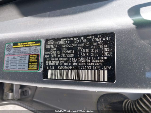 KM8SM4HF8JU274193 Hyundai Santa Fe Se