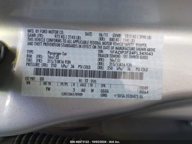 Ford FOCUS SE 2015 1FADP3F24FL343043 Image 9