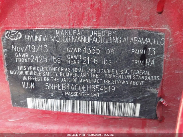 5NPEB4AC0EH854819 Hyundai SONATA GLS