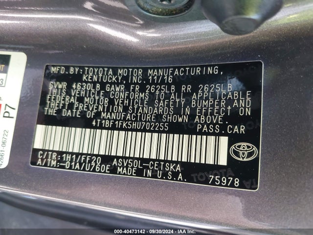 Toyota CAMRY SE 2017 4T1BF1FK5HU702255 Image 9