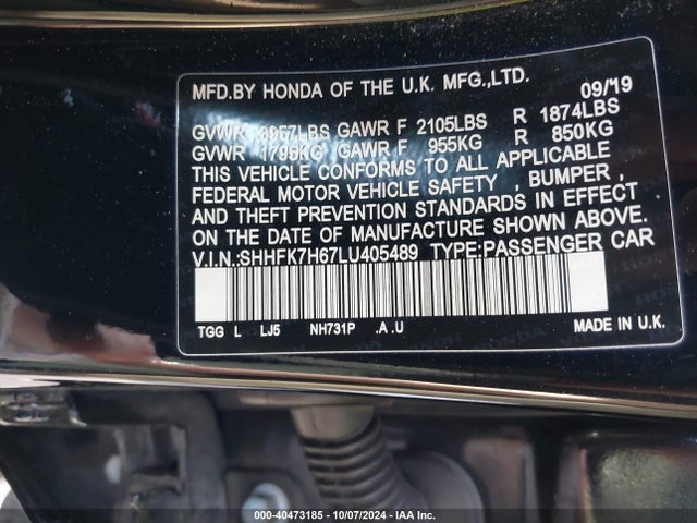 Honda CIVIC EX 2020 SHHFK7H67LU405489 Image 9