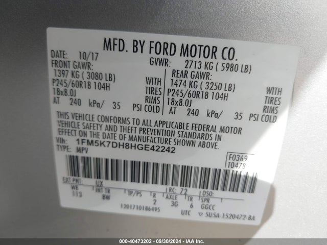 Ford EXPLORER XLT 2017 1FM5K7DH8HGE42242 Image 9