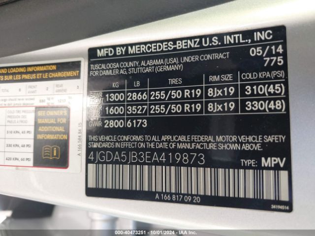 4JGDA5JB3EA419873 Mercedes-Benz ML 350