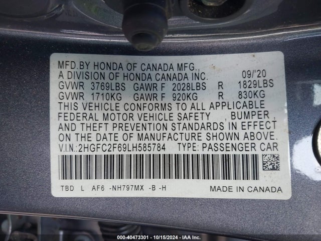 Honda Civic Lx 2020 2HGFC2F69LH585784 Image 9