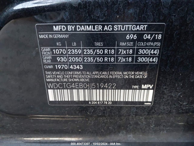 WDCTG4EB0JJ519422 Mercedes-Benz GLA 250