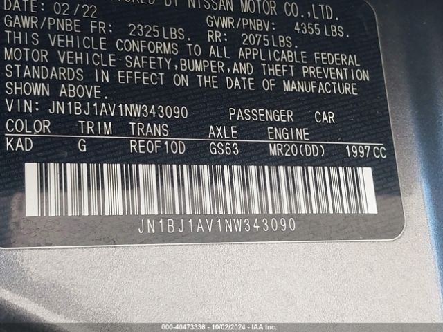 JN1BJ1AV1NW343090 Nissan Rogue Sport S Fwd Xtronic Cvt