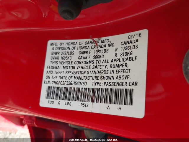 Honda Civic Lx 2016 2HGFC2F55GH540760 Image 9