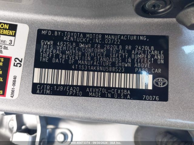 4T1S31AK8NU588523 Toyota Camry Se Hybrid