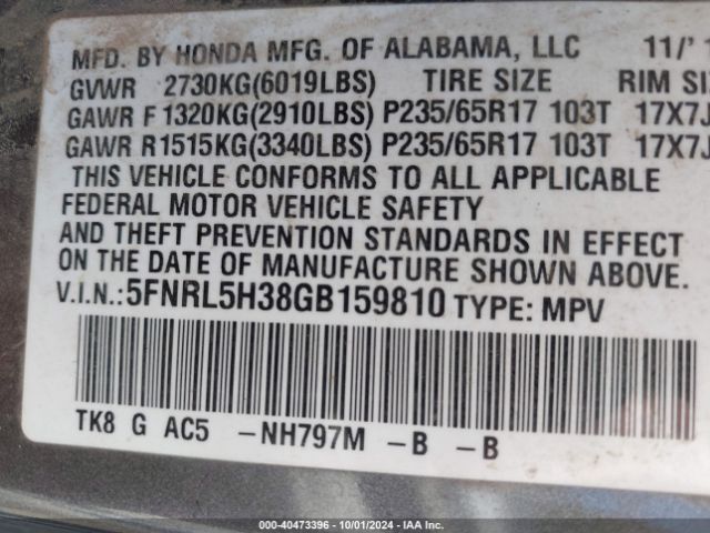 5FNRL5H38GB159810 Honda ODYSSEY SE