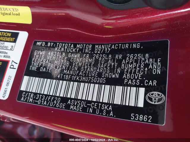 Toyota CAMRY SE 2017 4T1BF1FK3HU750305 Image 9