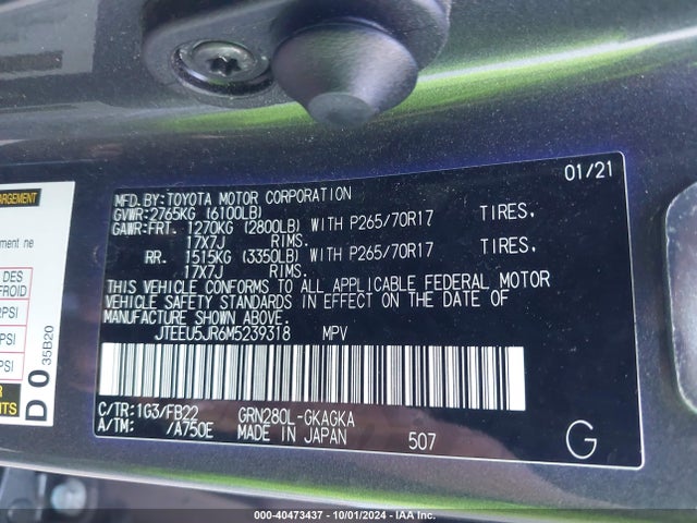 Toyota 4RUNNER SR5 2021 JTEEU5JR6M5239318 Image 9