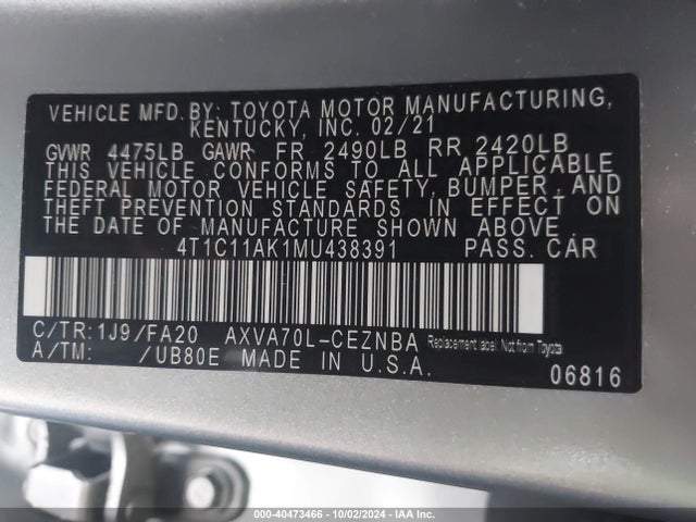 Toyota CAMRY LE 2021 4T1C11AK1MU438391 Image 9