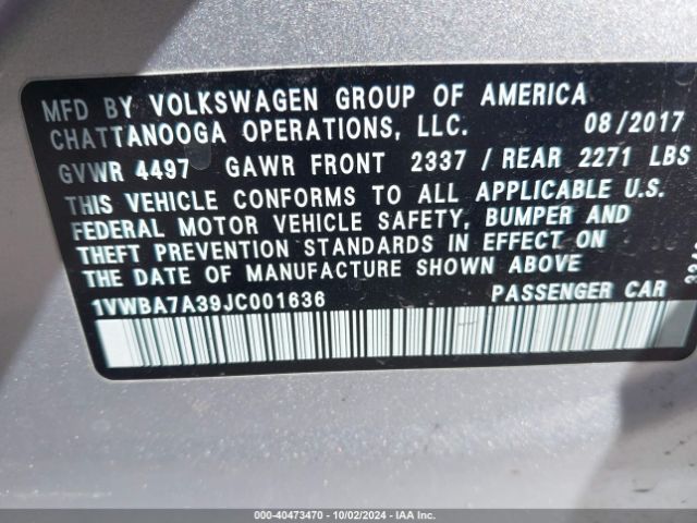 1VWBA7A39JC001636 Volkswagen Passat 2.0t Se