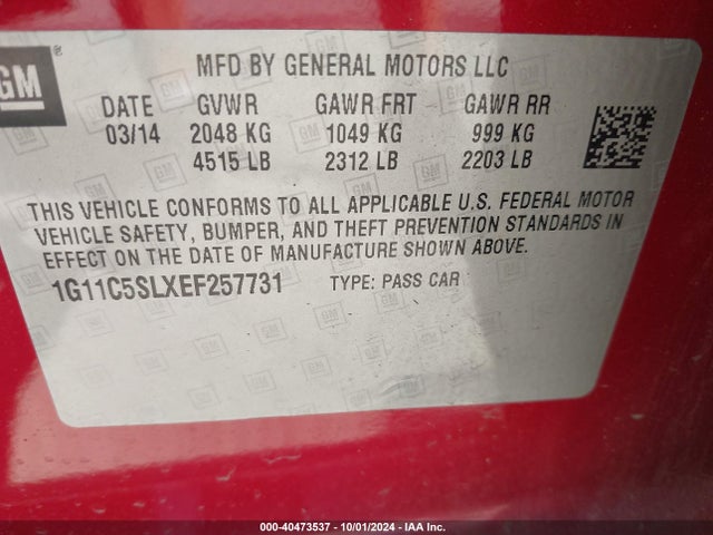 Chevrolet MALIBU 1LT 2014 1G11C5SLXEF257731 Image 9