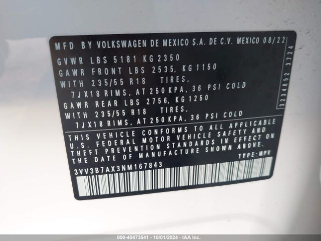 3VV3B7AX3NM167843 Volkswagen Tiguan 2.0t Se