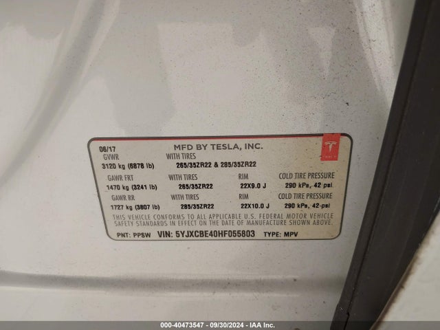 2017 TESLA MODEL X 5YJXCBE40HF055803 Photo 8