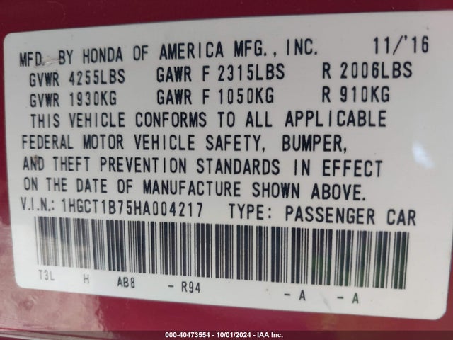 Honda ACCORD EX 2017 1HGCT1B75HA004217 Image 9