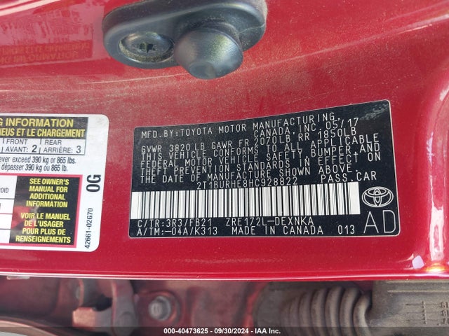 Toyota COROLLA LE 2017 2T1BURHE8HC928822 Image 9