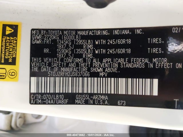 Toyota Highlander Xle 2018 5TDJZRFH2JS837066 Image 9