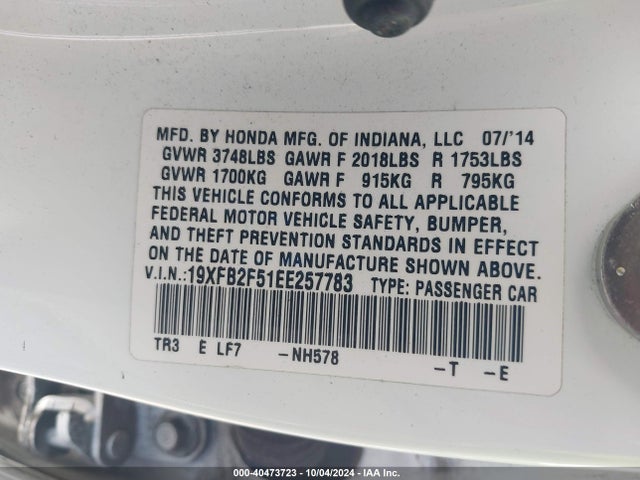 Honda Civic Lx 2014 19XFB2F51EE257783 Image 9