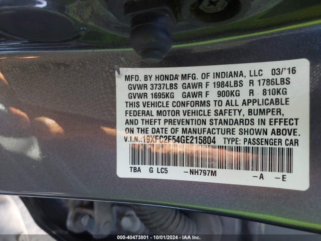 Honda Civic Lx 2016 19XFC2F54GE215804 Image 9