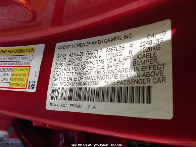 1HGCV3F59KA013332 Honda Accord Hybrid Ex-l
