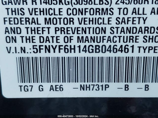 5FNYF6H14GB046461 Honda PILOT LX