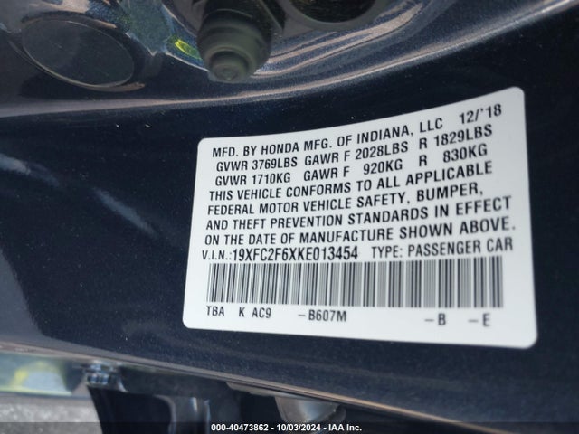 Honda Civic Lx 2019 19XFC2F6XKE013454 Image 9