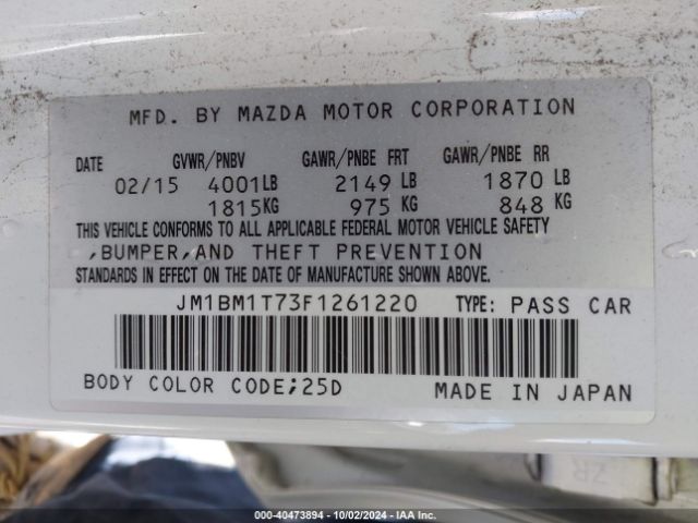JM1BM1T73F1261220 Mazda Mazda3 I Sv