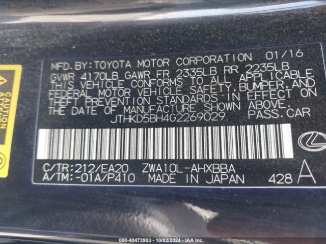 JTHKD5BH4G2269029 Lexus CT 200H