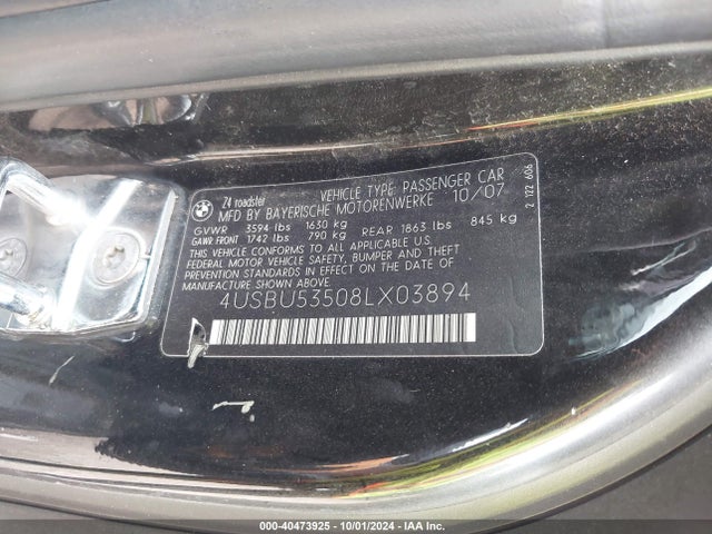 Aukcja sprzedaży 2008 Bmw Z4 3.0si, vin: 4USBU53508LX03894, numer aukcji: 40473925