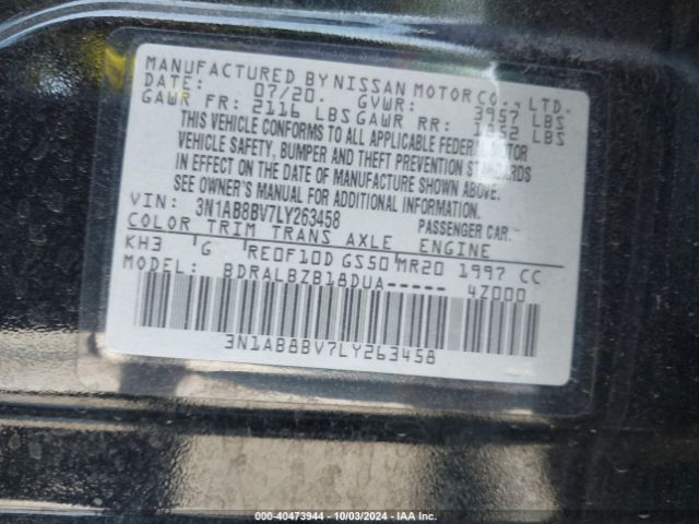 3N1AB8BV7LY263458 Nissan Sentra S Xtronic Cvt