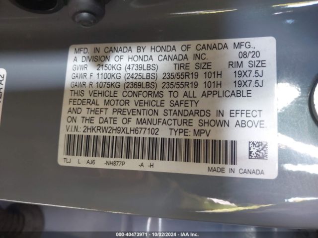 2HKRW2H9XLH677102 Honda Cr-v Awd Touring
