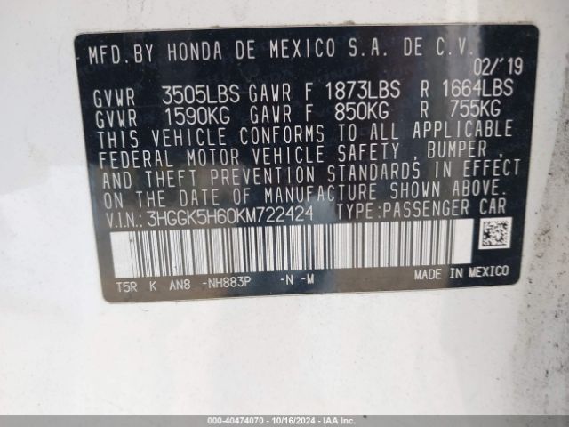 3HGGK5H60KM722424 Honda Fit Sport