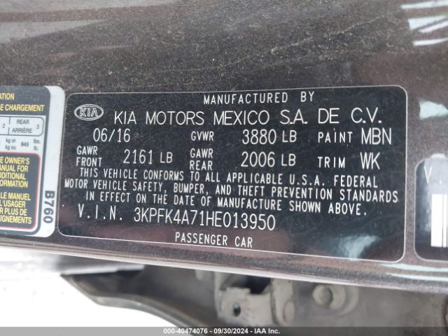 3KPFK4A71HE013950 KIA FORTE LX