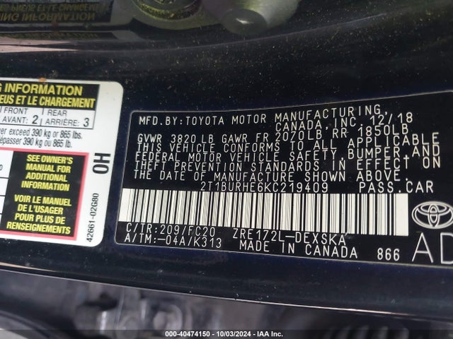 Toyota COROLLA SE 2019 2T1BURHE6KC219409 Image 9