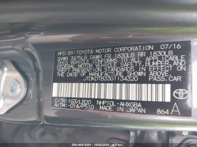 JTDKDTB33G1134320 Toyota Prius C Four