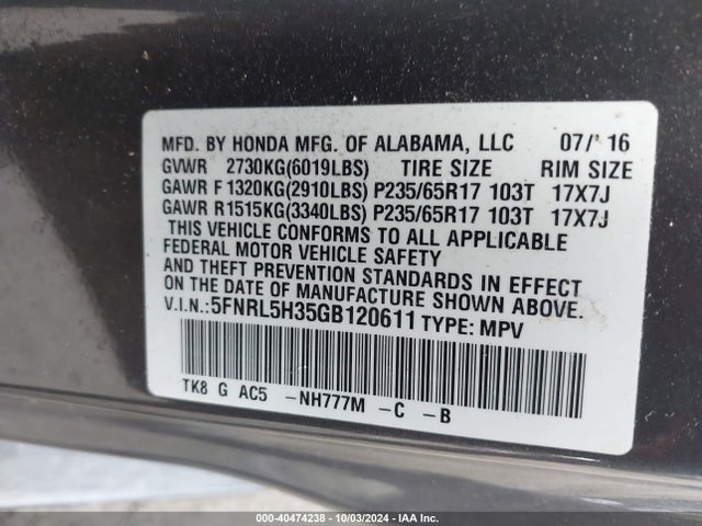 Honda ODYSSEY SE 2016 5FNRL5H35GB120611 Image 9