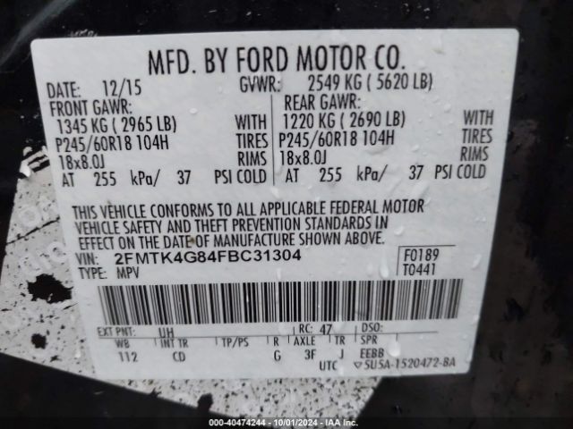 2FMTK4G84FBC31304 Ford EDGE SE