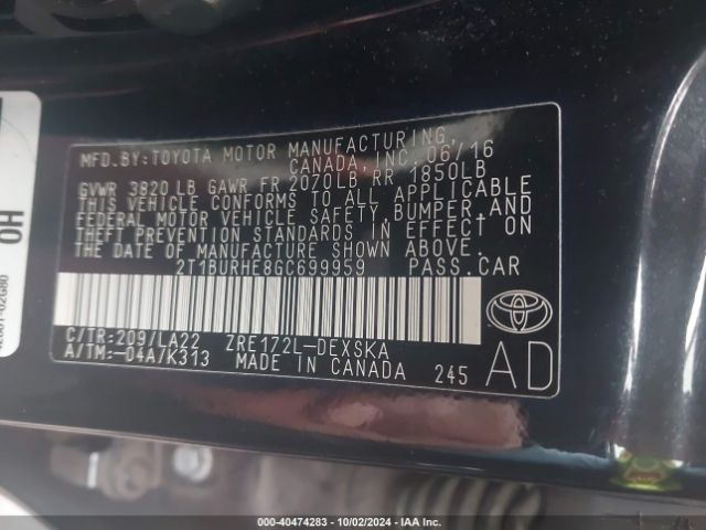 2T1BURHE8GC699959 Toyota Corolla S Premium