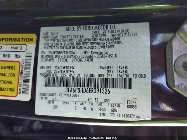 Ford FUSION SE 2014 3FA6P0HD6ER391326 Image 9