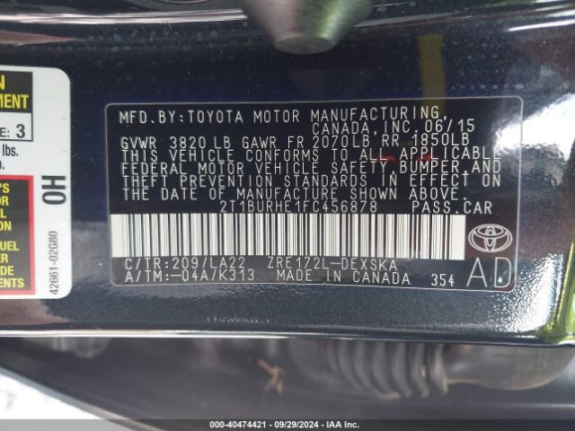 2T1BURHE1FC456878 Toyota Corolla S Premium
