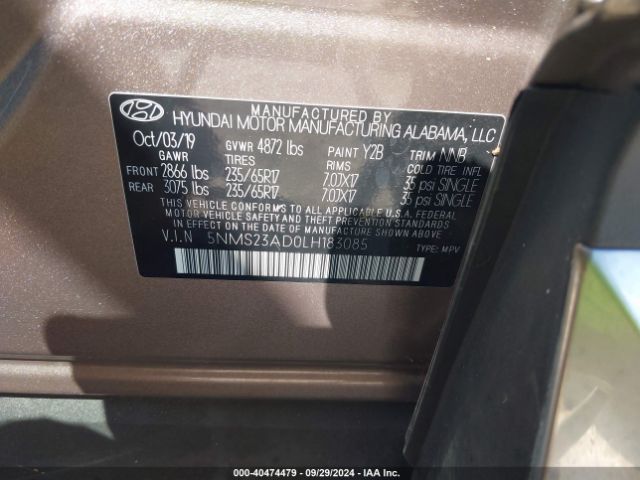 5NMS23AD0LH183085 Hyundai Santa Fe Se