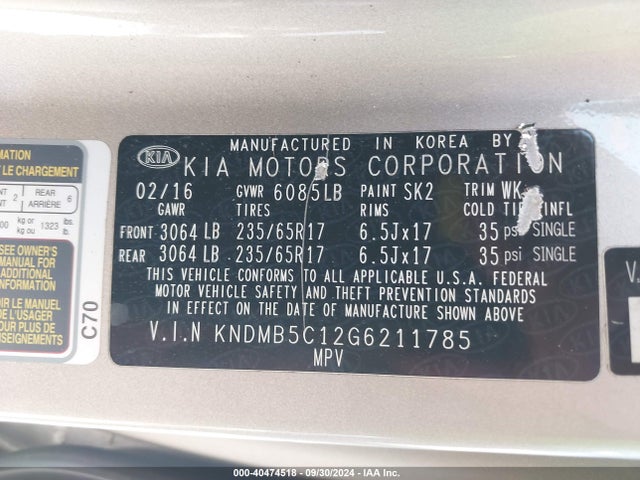 KIA SEDONA LX 2016 KNDMB5C12G6211785 Image 9