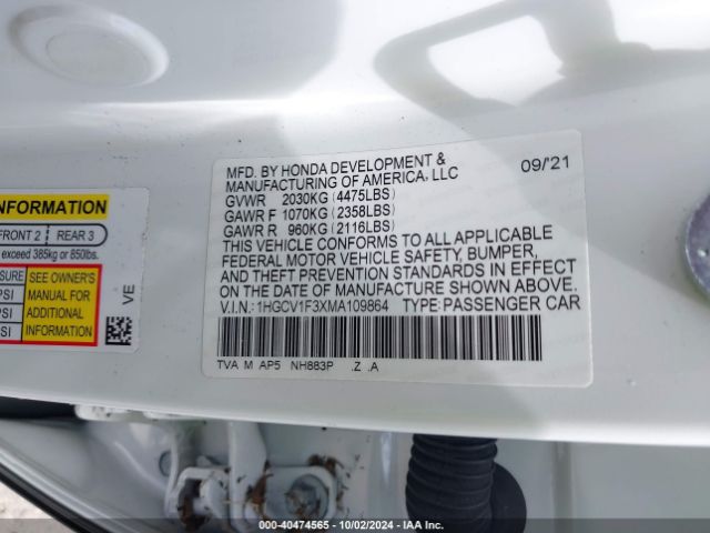 1HGCV1F3XMA109864 Honda Accord Sport