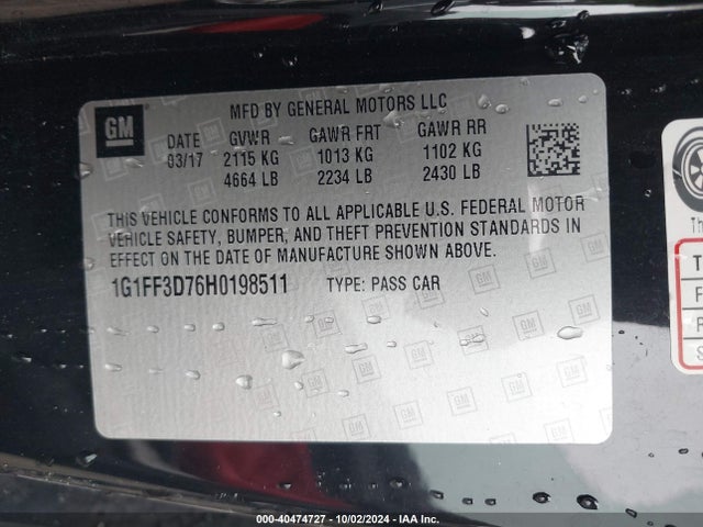 2017 Chevrolet Camaro 1ss მანქანა იყიდება აუქციონზე, vin: 1G1FF3D76H0198511, აუქციონის ნომერი: 40474727