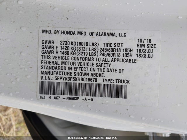 Honda Ridgeline Rtl 2017 5FPYK3F5XHB016678 Image 9