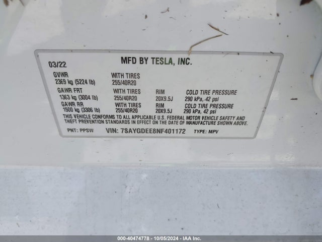 2022 TESLA MODEL Y 7SAYGDEE8NF401172 Photo 8