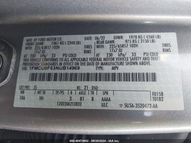 1FMCU0F63NUB14969 Ford ESCAPE S